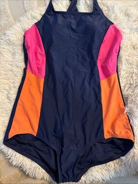 Lands End Navy One-Piece Swimsuit with Pink & Orange Panels